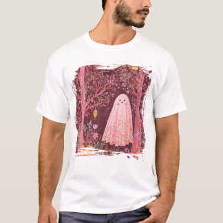 Whimsical Pink Ghost in Enchanted Floral Forest T-Shirt