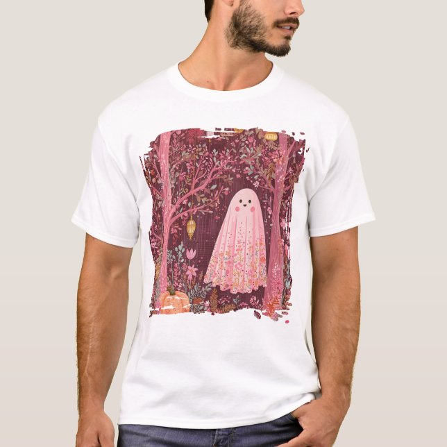 Whimsical Pink Ghost in Enchanted Floral Forest T-Shirt (Front)