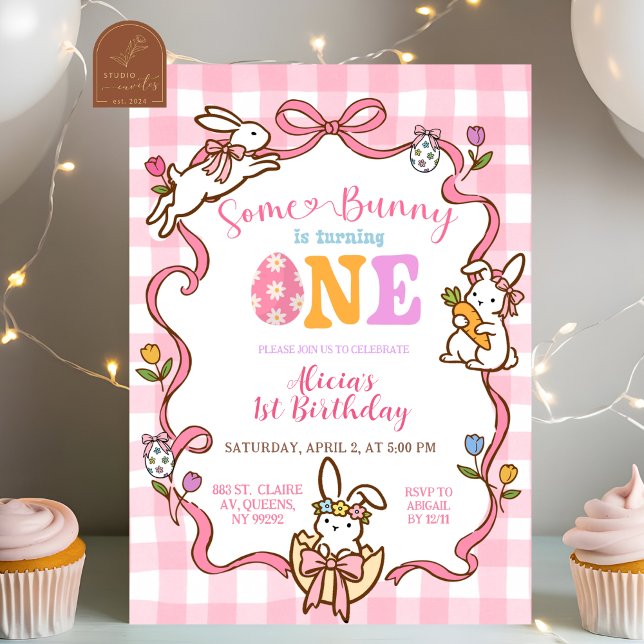 Whimsical Pink Gingham Bunny 1st Birthday Invitati Invitation (Creator Uploaded)