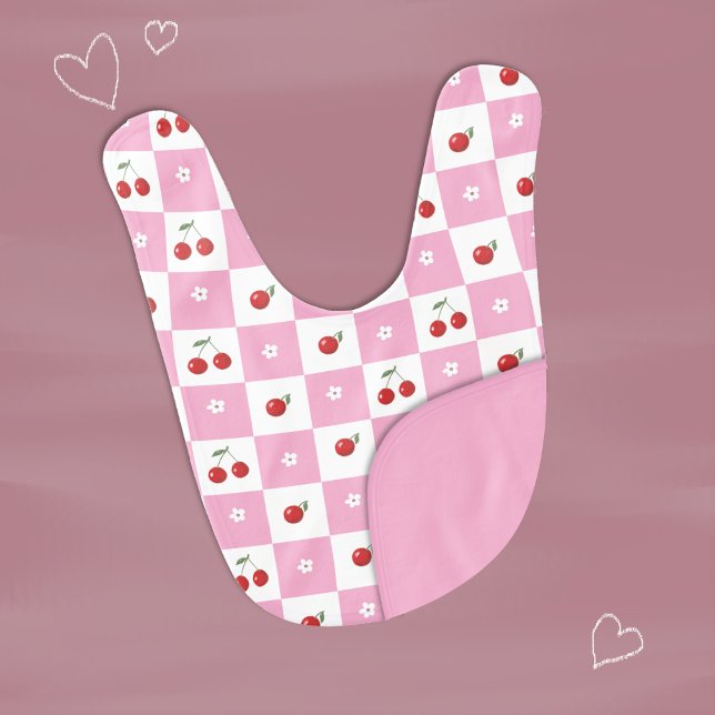 Whimsical Pink Gingham Cherry & Blossom Baby Bib (Whimsical pink and white Gingham pattern baby bib with cherries and tiny blossom . )