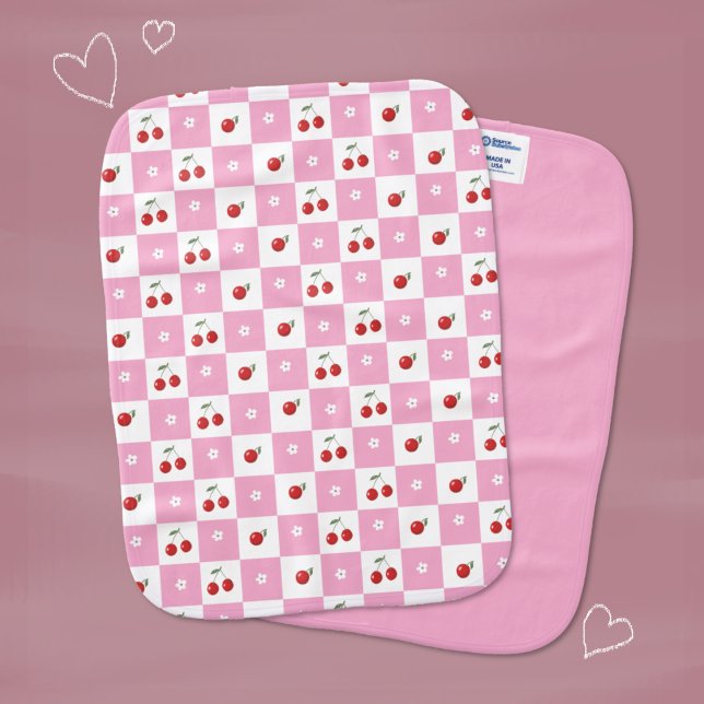 Whimsical Pink Gingham Cherry & Blossom Burp Cloth (Creator Uploaded)