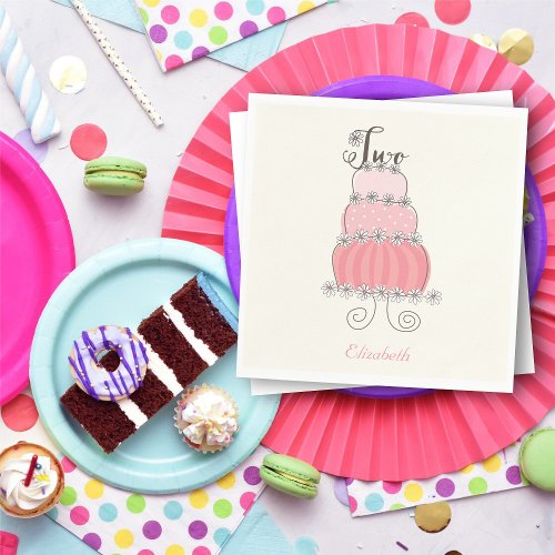 Whimsical Pink Girl 2nd Birthday Cake Kids Party Paper Napkins