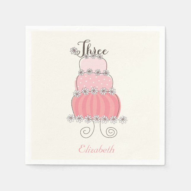Whimsical Pink Girl 3rd Birthday Cake Kids Party Napkins (Front)