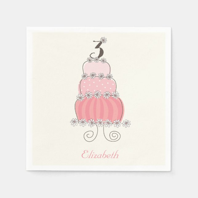 Whimsical Pink Girl 3rd Birthday Cake Kids Party Paper Napkins (Front)