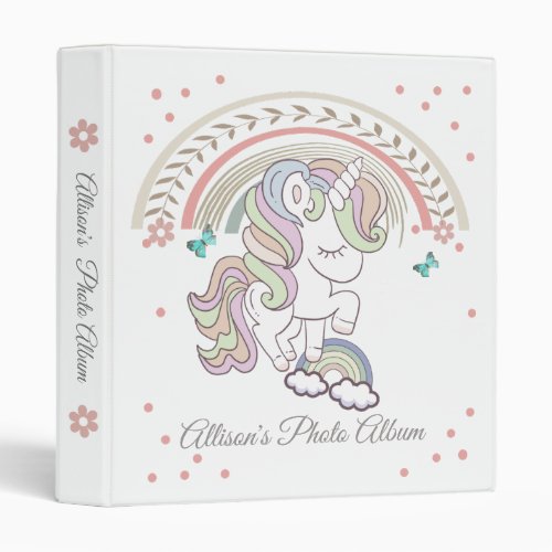 Whimsical Pink Girl Unicorn Baby Photo Album 3 Ring Binder