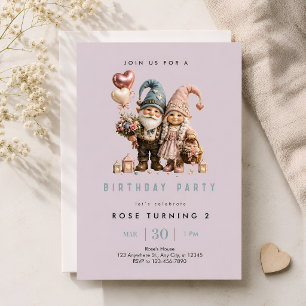 Whimsical Pink Gnome Birthday Invitation