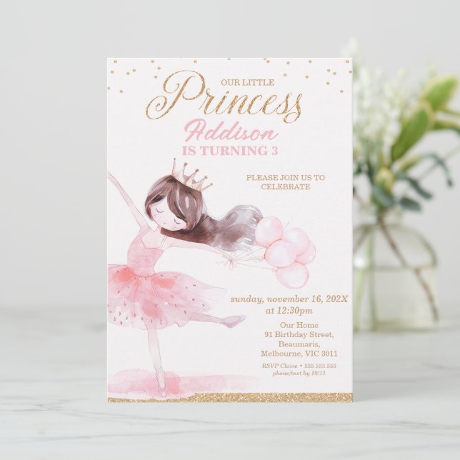 Whimsical Pink Gold Ballerina Princess Birthday Invitation (Standing Front)