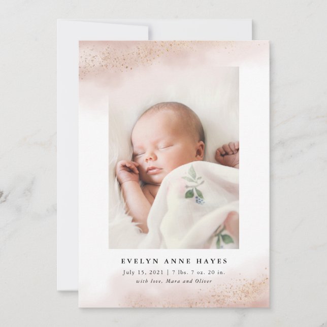 Whimsical Pink Gold Cloud Photo Birth Announcement (Front)