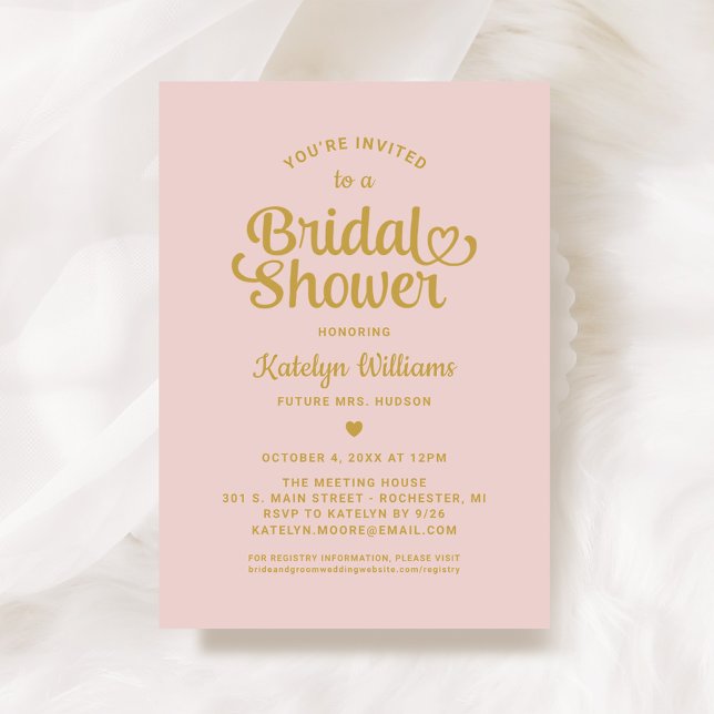 Whimsical Pink Gold Heart Script Bridal Shower Invitation (Creator Uploaded)