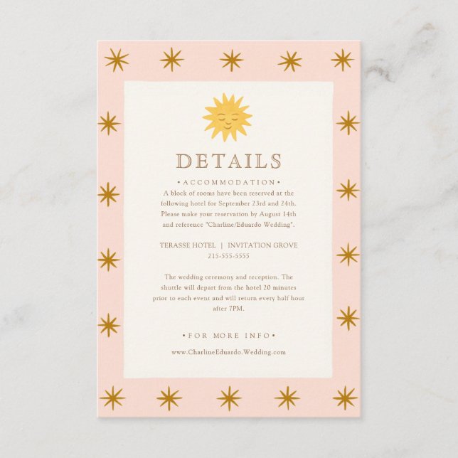 Whimsical Pink & Gold Sun Wedding Details Card (Front)
