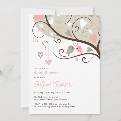 Whimsical Pink &amp; Gray Birds Baby Shower Invitation