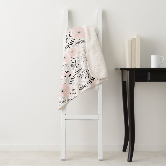 Whimsical Pink Gray Floral Pattern Sherpa Blanket (In Situ)