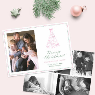 Whimsical Pink & Green Bows Merry Christmas Photo Holiday Card