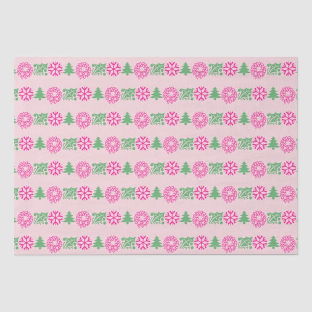 Whimsical Pink & Green Christmas Tree Holly Wreath Tissue Paper (Front)