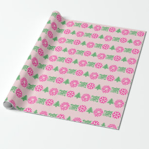 Whimsical Pink & Green Christmas Tree Holly Wreath Wrapping Paper