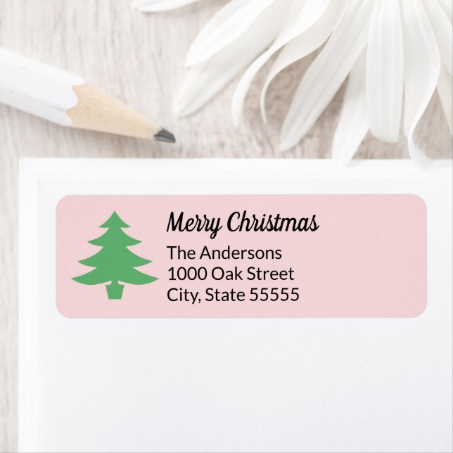 Whimsical Pink Green Christmas Tree Return Address Label (Insitu)