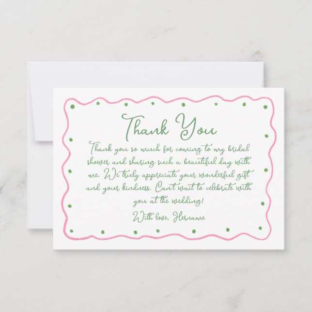 Whimsical Pink Green Hand Painted Bridal Shower Thank You Card (Front)