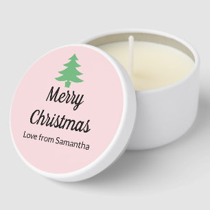 Whimsical Pink Green Merry Christmas Tree & Name Mini Candle Favors