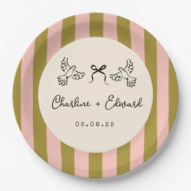 Whimsical Pink Green Striped Scribble wedding Paper Plates (Front)