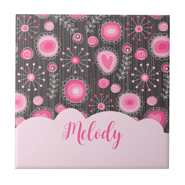 Whimsical pink grey hearts and flowers floral name ceramic tile (Front)