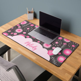 Whimsical pink grey hearts and flowers floral name desk mat