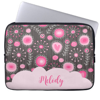 Whimsical pink grey hearts and flowers floral name laptop sleeve