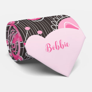 Whimsical pink grey hearts and flowers floral name neck tie