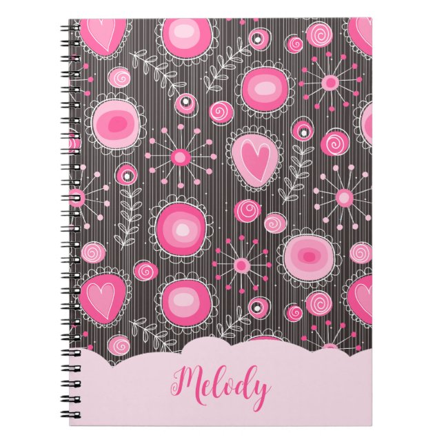 Whimsical pink grey hearts and flowers floral name notebook (Front)
