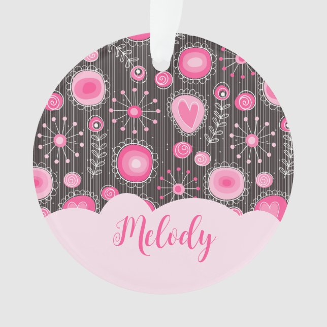 Whimsical pink grey hearts and flowers floral name ornament (Front)