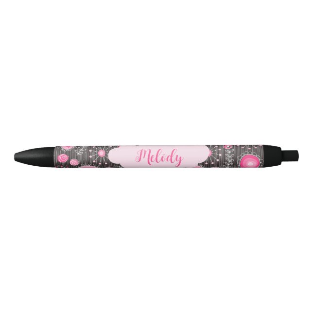 Whimsical pink grey hearts and flowers floral name pen (Front)