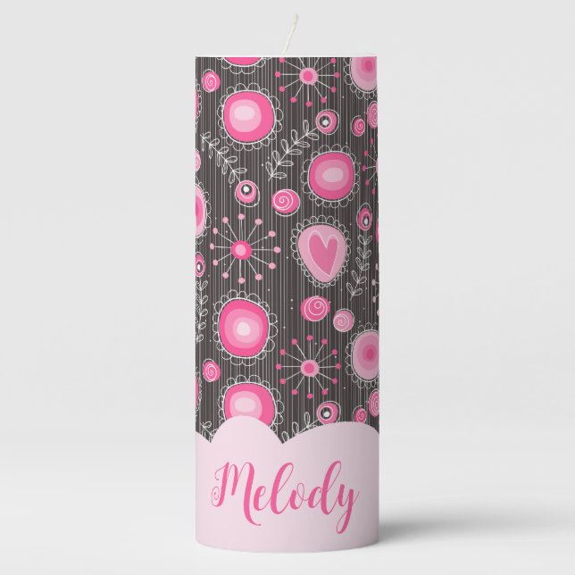 Whimsical pink grey hearts and flowers floral name pillar candle (Front)