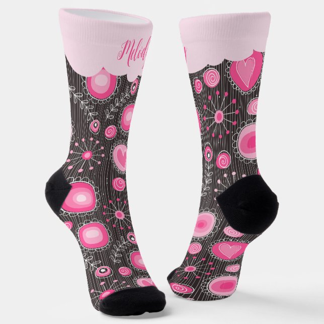 Whimsical pink grey hearts and flowers floral name socks (Angled)