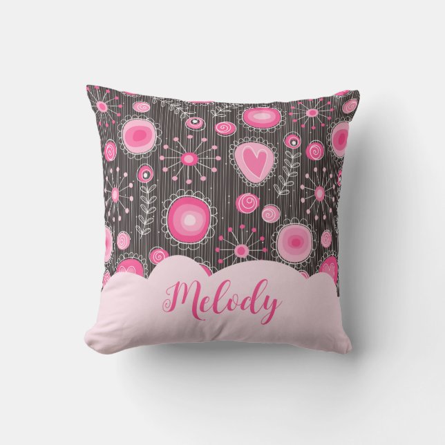 Whimsical pink grey hearts and flowers floral name throw pillow (Front)