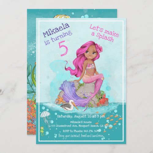 Whimsical Pink Hair Mermaid Girl Birthday Party Invitation
