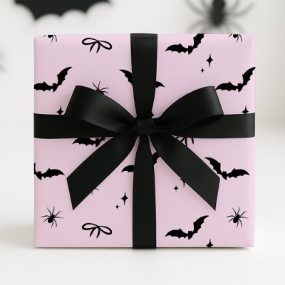 Whimsical Pink Halloween Bats, Spiders &amp; Bows Wrapping Paper