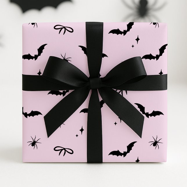 Whimsical Pink Halloween Bats, Spiders & Bows Wrapping Paper (Creator Uploaded)