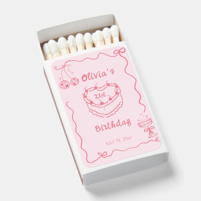 Whimsical Pink Hand Drawn Birthday Matchboxes (Front Open)