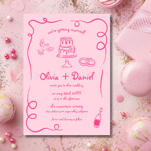 Whimsical Pink Hand Drawn Vintage French Wedding Invitation