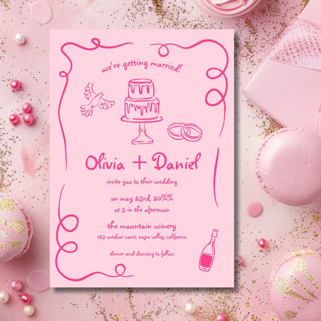 Whimsical Pink Hand Drawn Vintage French Wedding Invitation (Creator Uploaded)
