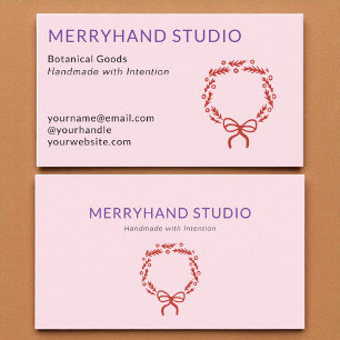 Whimsical Pink Hand Drawn Wreath Christmas Business Card