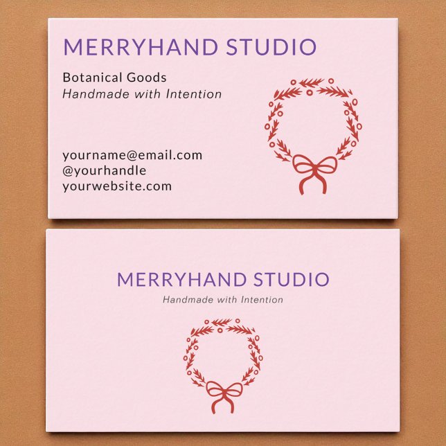 Whimsical Pink Hand Drawn Wreath Christmas  Business Card (Creator Uploaded)