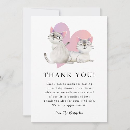 Whimsical Pink Kitten Twins Baby Shower Thank You Card