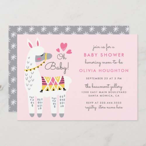 Whimsical Pink Llama Oh Baby Girl Shower Invitation