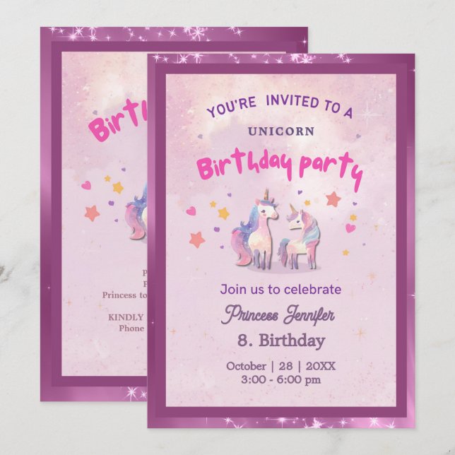 Whimsical Pink Magical Unicorn Birthday Party Invitation (Front/Back)