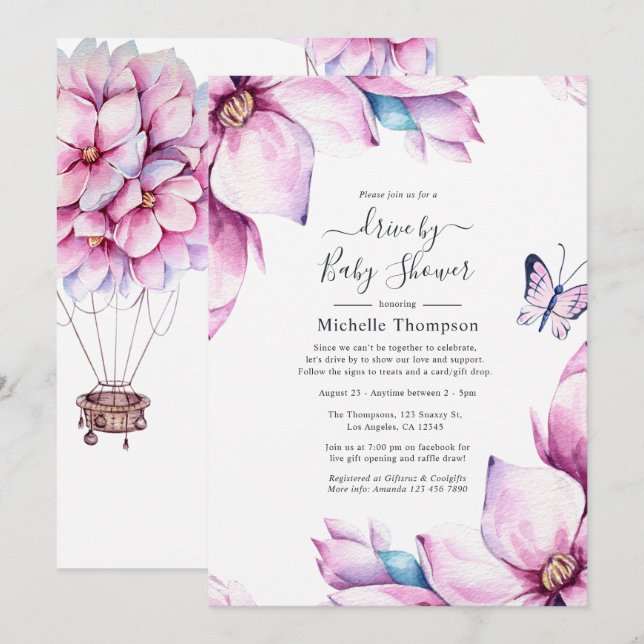 Whimsical Pink Magnolias Drive By Shower Invitation (Front/Back)