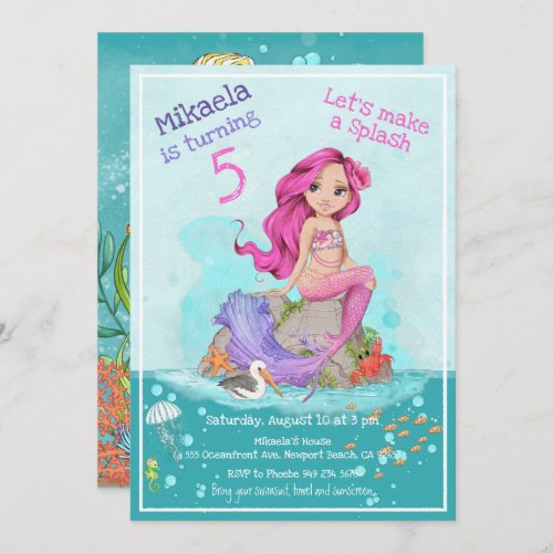 Whimsical Pink Mermaid Girl Birthday Party Invitation