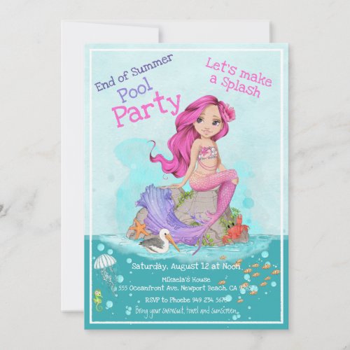 Whimsical Pink Mermaid Girl Summer Pool Party Invitation