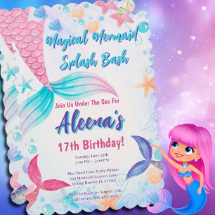 Whimsical Pink Mermaid Tail 17th Birthday Invitation