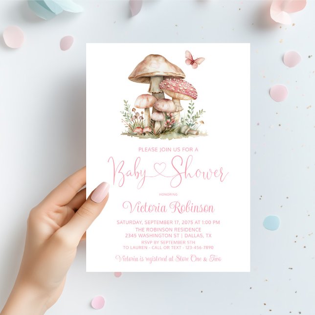 Whimsical Pink Mushroom Butterfly Baby Shower  Invitation (Girl mushroom and butterfly baby shower invitation. Simply add your event details. )