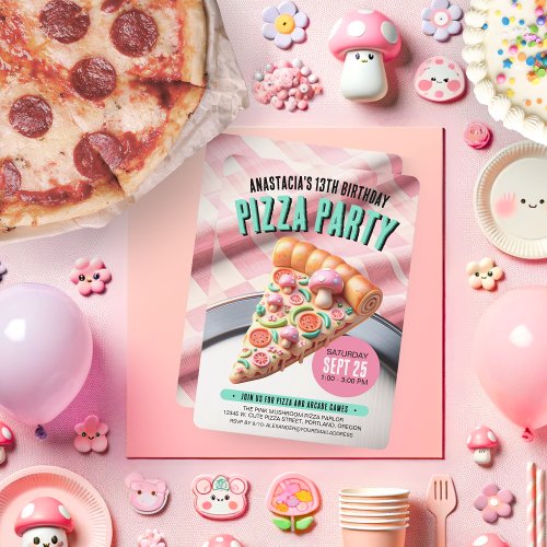 Whimsical Pink Mushroom Pizza Party Birthday Invitation